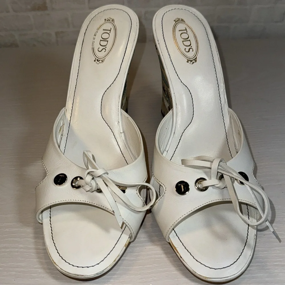Tod's White Ribbon Wedge Wakeboard Pattern Espadrille Sandal Heel Shoes